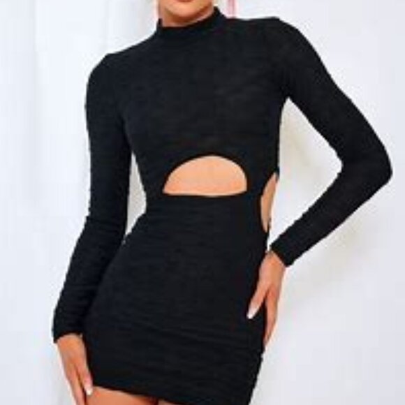 NWT | PrettyLittleThing | Black Textured Long Sleeve Cut Out Mini Dress, Size 0 - Picture 1 of 7